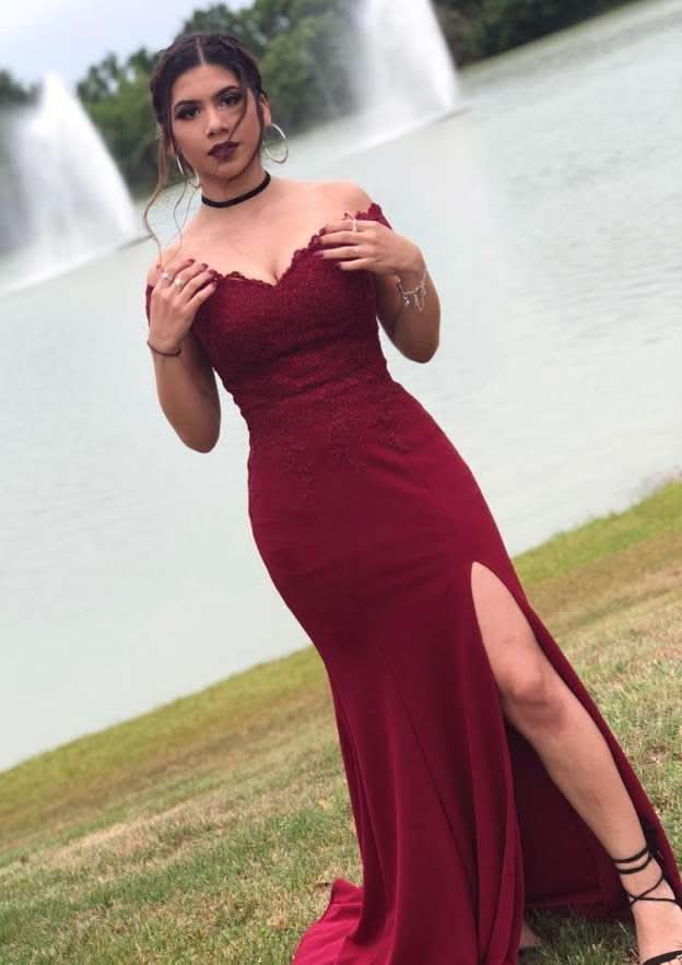 Sweep Train Elastic Satin Prom Dress, Sheath/Column Style, Off-The-Shoulder, Sleeveless, With Split Appliqued BM bride