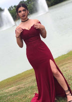 Sweep Train Elastic Satin Prom Dress, Sheath/Column Style, Off-The-Shoulder, Sleeveless, With Split Appliqued BM bride