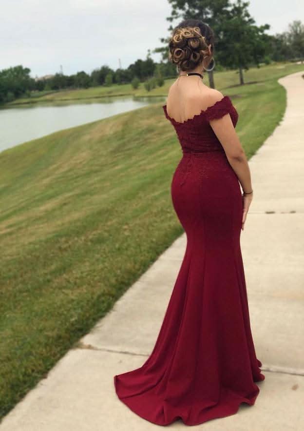 Sweep Train Elastic Satin Prom Dress, Sheath/Column Style, Off-The-Shoulder, Sleeveless, With Split Appliqued BM bride