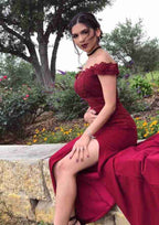 Sweep Train Elastic Satin Prom Dress, Sheath/Column Style, Off-The-Shoulder, Sleeveless, With Split Appliqued BM bride