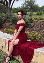 Sweep Train Elastic Satin Prom Dress, Sheath/Column Style, Off-The-Shoulder, Sleeveless, With Split Appliqued BM bride