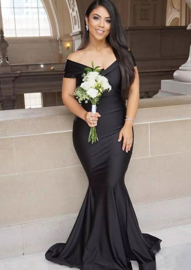 Sweep Train Jersey Prom Dress, Trumpet/Mermaid Shape, Off-The-Shoulder, Sleeveless, With Pleated BM bride