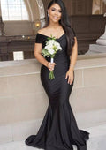 Sweep Train Jersey Prom Dress, Trumpet/Mermaid Shape, Off-The-Shoulder, Sleeveless, With Pleated BM bride