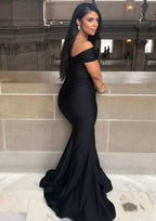 Sweep Train Jersey Prom Dress, Trumpet/Mermaid Shape, Off-The-Shoulder, Sleeveless, With Pleated BM bride