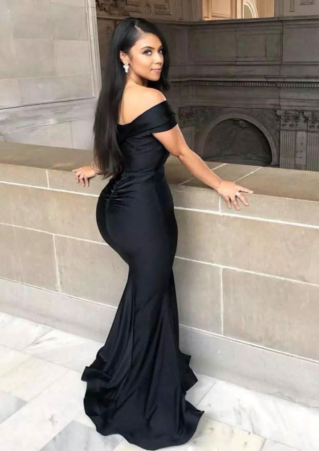 Sweep Train Jersey Prom Dress, Trumpet/Mermaid Shape, Off-The-Shoulder, Sleeveless, With Pleated BM bride