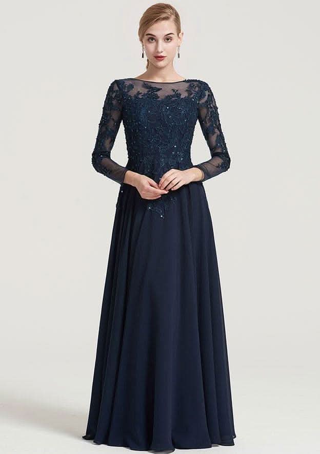 Long/Floor-Length Chiffon Dress with Beading Appliqued, 3/4 Sleeve Bateau A-line BM bride