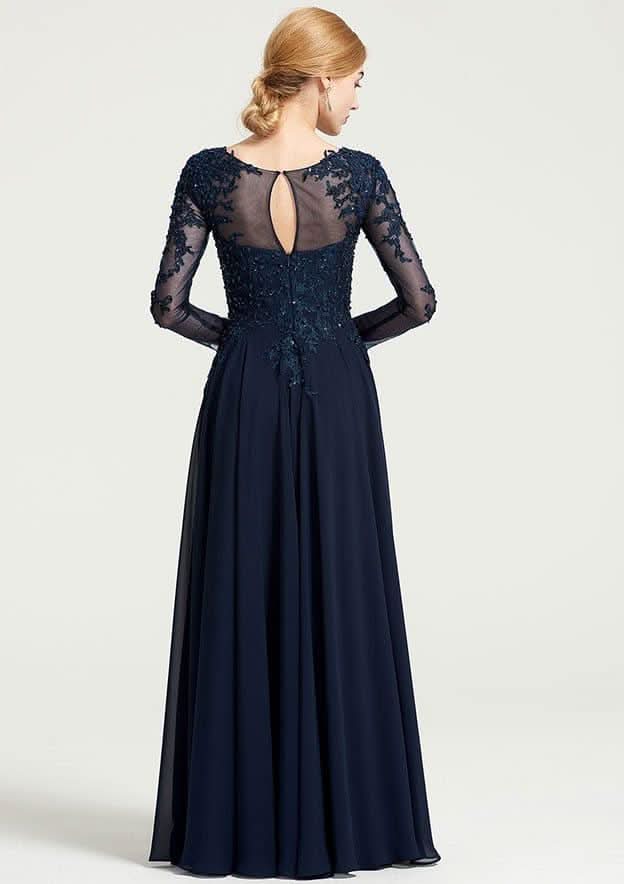 Long/Floor-Length Chiffon Dress with Beading Appliqued, 3/4 Sleeve Bateau A-line BM bride