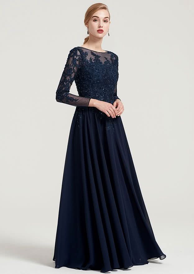 Long/Floor-Length Chiffon Dress with Beading Appliqued, 3/4 Sleeve Bateau A-line BM bride