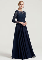 Long/Floor-Length Chiffon Dress with Beading Appliqued, 3/4 Sleeve Bateau A-line BM bride