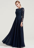 Long/Floor-Length Chiffon Dress with Beading Appliqued, 3/4 Sleeve Bateau A-line BM bride