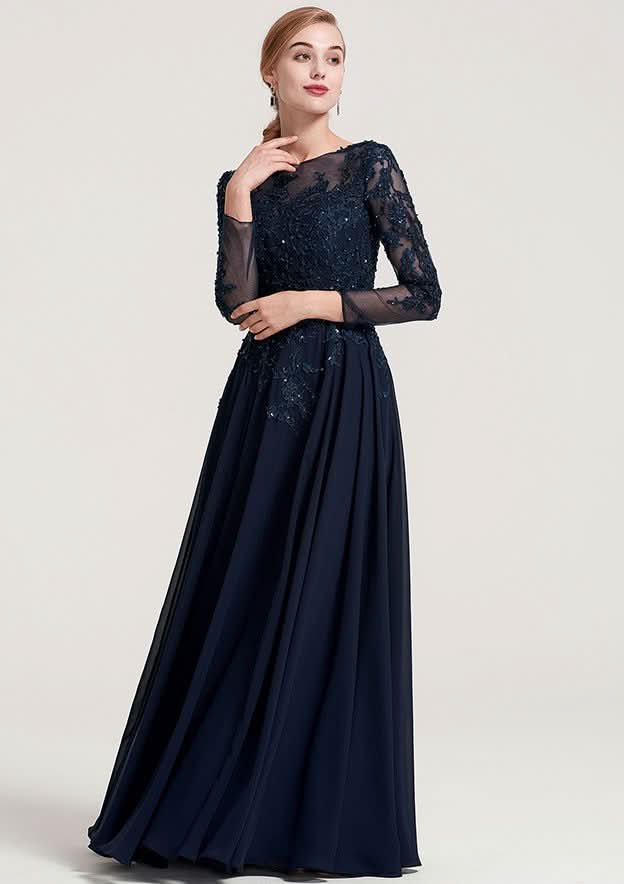 Long/Floor-Length Chiffon Dress with Beading Appliqued, 3/4 Sleeve Bateau A-line BM bride