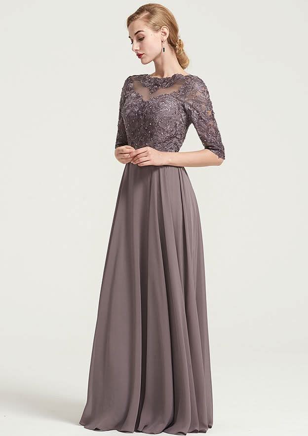 Long/Floor-Length Chiffon Dress with Beading Appliqued, Half Sleeve Bateau A-line BM bride