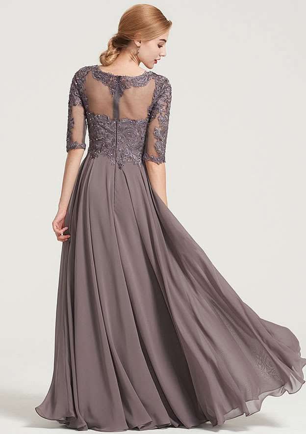 Long/Floor-Length Chiffon Dress with Beading Appliqued, Half Sleeve Bateau A-line BM bride