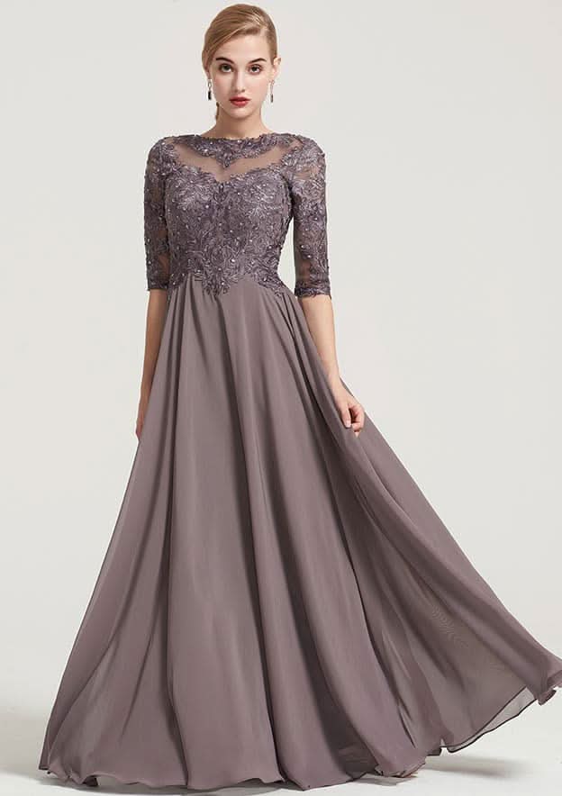 Long/Floor-Length Chiffon Dress with Beading Appliqued, Half Sleeve Bateau A-line BM bride