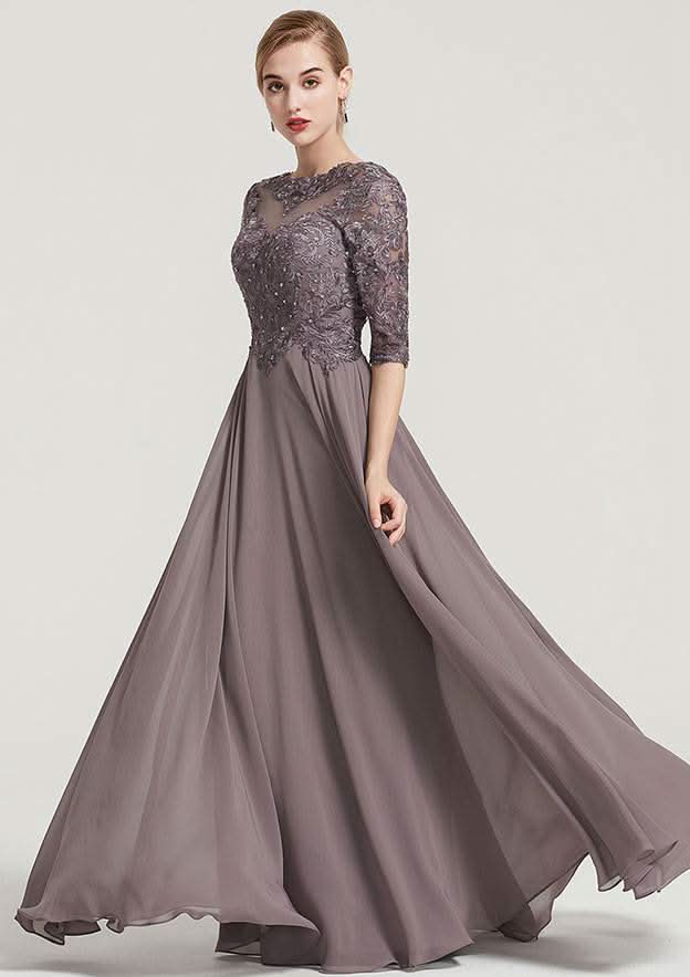 Long/Floor-Length Chiffon Dress with Beading Appliqued, Half Sleeve Bateau A-line BM bride