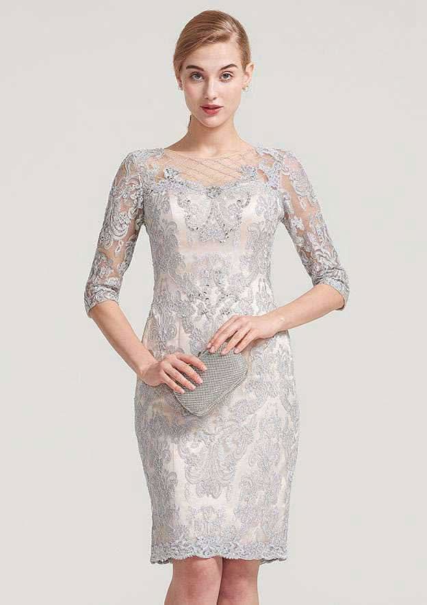 Knee-Length Chiffon Mother of the Bride Dress with Jacket Beading, Half Sleeve Bateau Sheath/Column BM bride