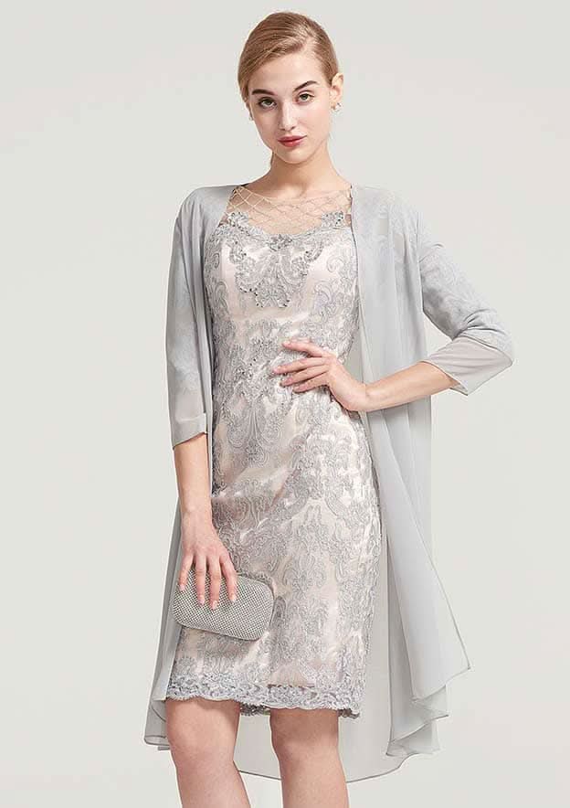 Knee-Length Chiffon Mother of the Bride Dress with Jacket Beading, Half Sleeve Bateau Sheath/Column BM bride