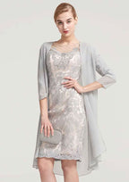 Knee-Length Chiffon Mother of the Bride Dress with Jacket Beading, Half Sleeve Bateau Sheath/Column BM bride