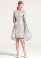 Knee-Length Chiffon Mother of the Bride Dress with Jacket Beading, Half Sleeve Bateau Sheath/Column BM bride