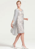 Knee-Length Chiffon Mother of the Bride Dress with Jacket Beading, Half Sleeve Bateau Sheath/Column BM bride