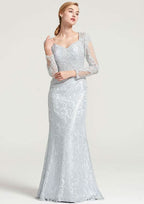 Long/Floor-Length Lace Dress with Appliqued, Full/Long Sleeve Sweetheart Sheath/Column BM bride