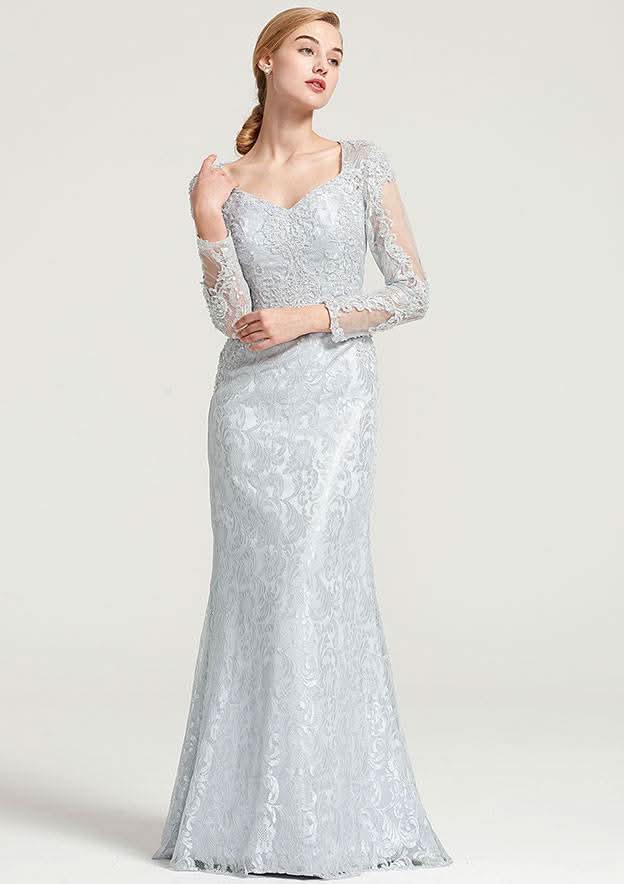 Long/Floor-Length Lace Dress with Appliqued, Full/Long Sleeve Sweetheart Sheath/Column BM bride
