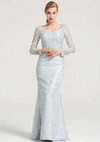 Long/Floor-Length Lace Dress with Appliqued, Full/Long Sleeve Sweetheart Sheath/Column BM bride