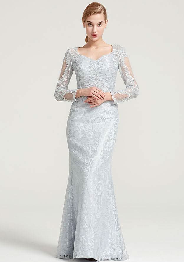 Long/Floor-Length Lace Dress with Appliqued, Full/Long Sleeve Sweetheart Sheath/Column BM bride