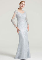 Long/Floor-Length Lace Dress with Appliqued, Full/Long Sleeve Sweetheart Sheath/Column BM bride
