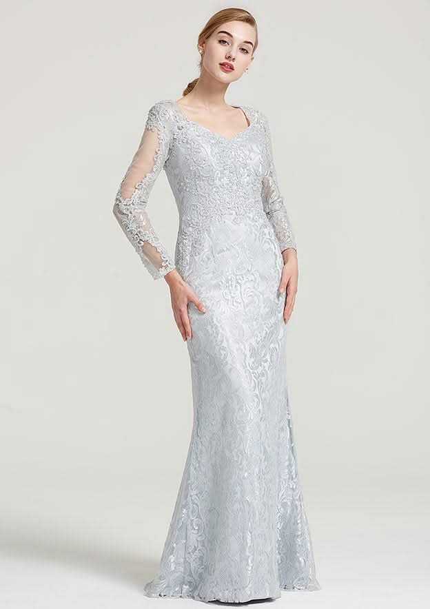 Long/Floor-Length Lace Dress with Appliqued, Full/Long Sleeve Sweetheart Sheath/Column BM bride