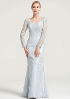 Long/Floor-Length Lace Dress with Appliqued, Full/Long Sleeve Sweetheart Sheath/Column BM bride