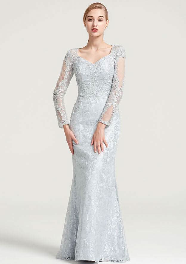 Long/Floor-Length Lace Dress with Appliqued, Full/Long Sleeve Sweetheart Sheath/Column BM bride