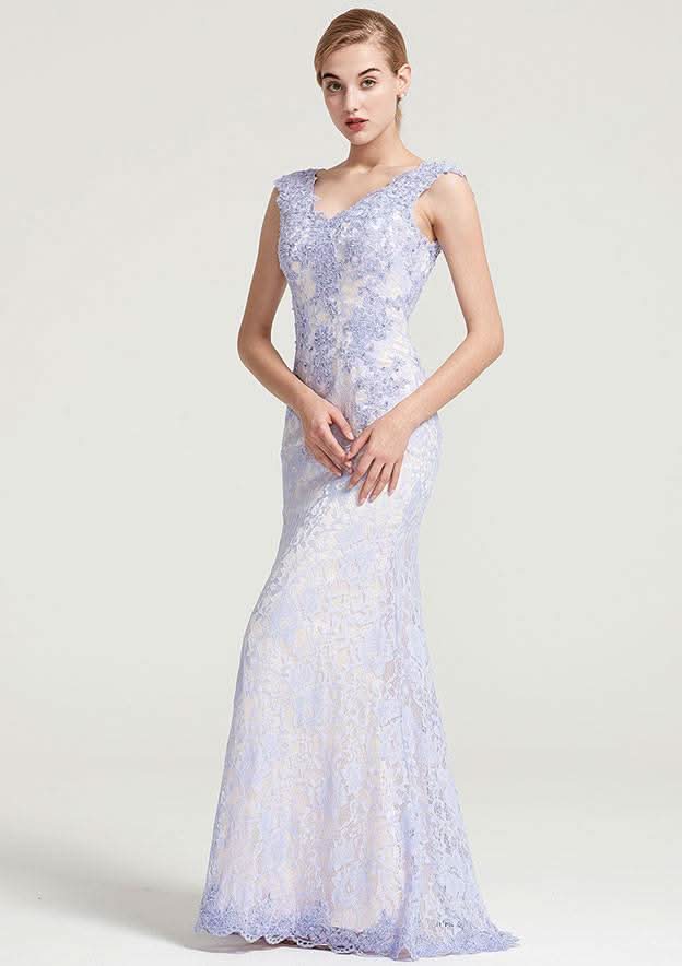 Long/Floor-Length Lace Dress with Sequins Appliqued, Sleeveless V Neck Sheath/Column BM bride