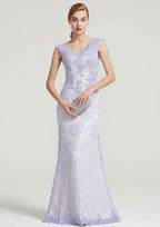 Long/Floor-Length Lace Dress with Sequins Appliqued, Sleeveless V Neck Sheath/Column BM bride
