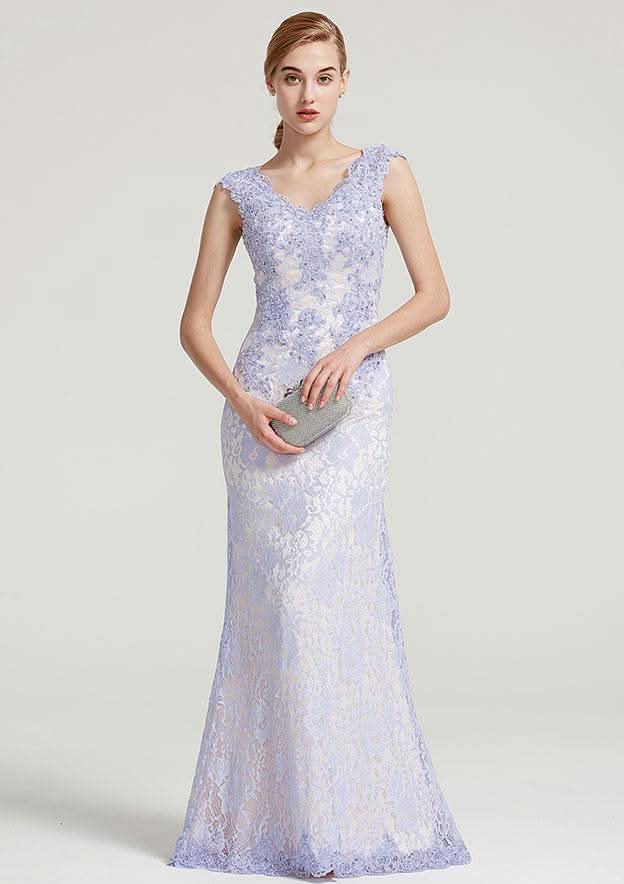 Long/Floor-Length Lace Dress with Sequins Appliqued, Sleeveless V Neck Sheath/Column BM bride