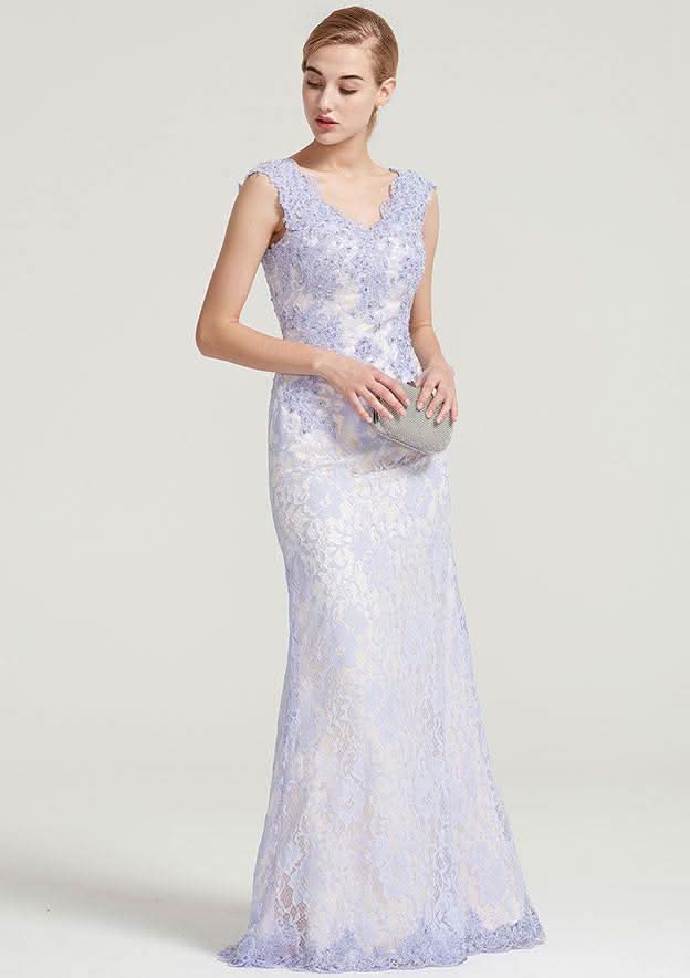 Long/Floor-Length Lace Dress with Sequins Appliqued, Sleeveless V Neck Sheath/Column BM bride