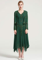 Tea-Length Chiffon Mother of the Bride Dress with Jacket Appliqued Beading, Short Sleeve V Neck A-line BM bride