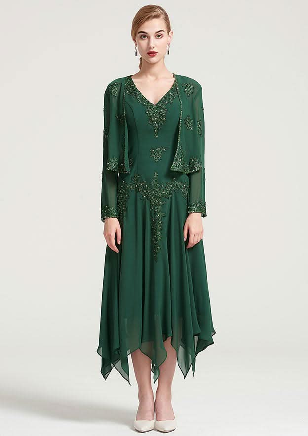 Tea-Length Chiffon Mother of the Bride Dress with Jacket Appliqued Beading, Short Sleeve V Neck A-line BM bride