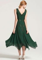 Tea-Length Chiffon Mother of the Bride Dress with Jacket Appliqued Beading, Short Sleeve V Neck A-line BM bride