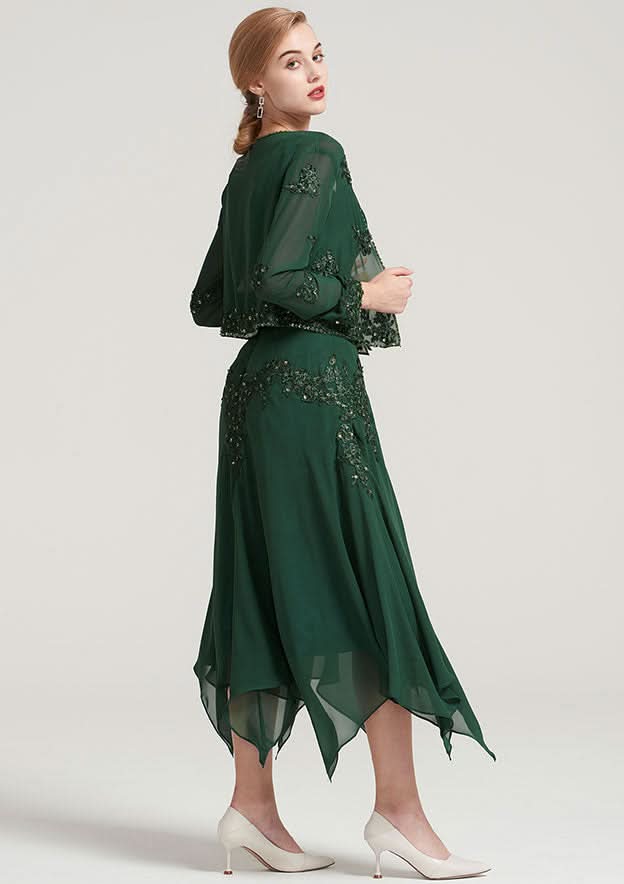 Tea-Length Chiffon Mother of the Bride Dress with Jacket Appliqued Beading, Short Sleeve V Neck A-line BM bride