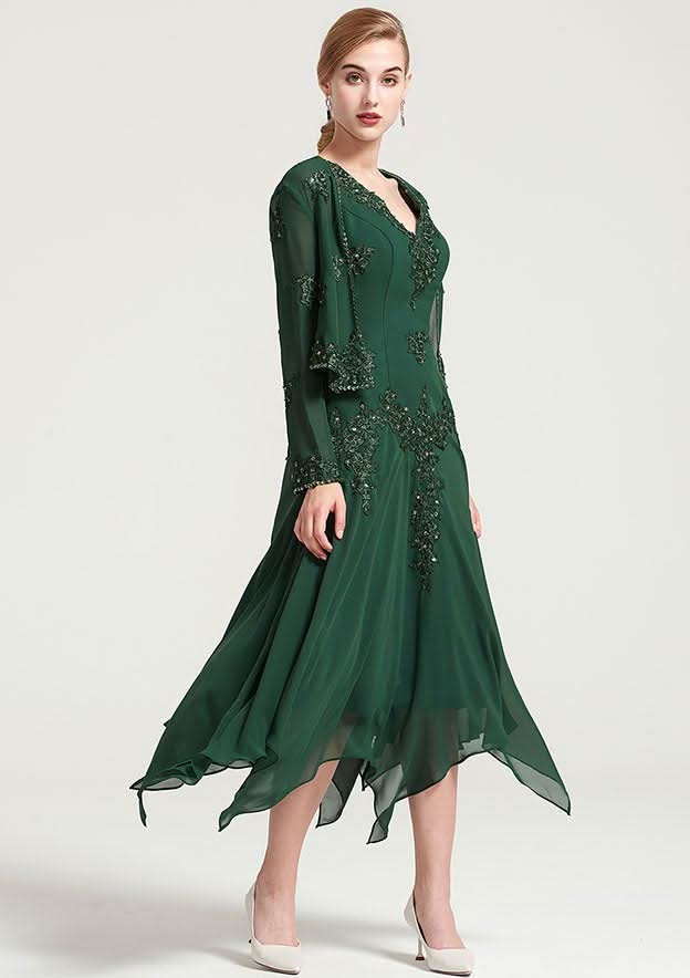 Tea-Length Chiffon Mother of the Bride Dress with Jacket Appliqued Beading, Short Sleeve V Neck A-line BM bride