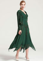 Tea-Length Chiffon Mother of the Bride Dress with Jacket Appliqued Beading, Short Sleeve V Neck A-line BM bride