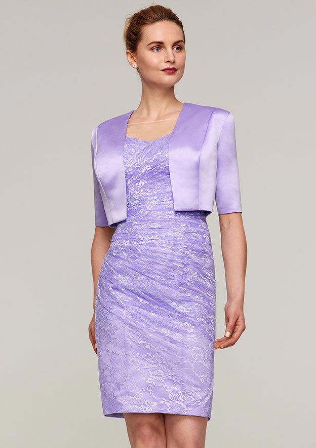 Knee-Length Lace Mother of the Bride Dress with Jacket, Short Sleeve Bateau Sheath/Column BM bride