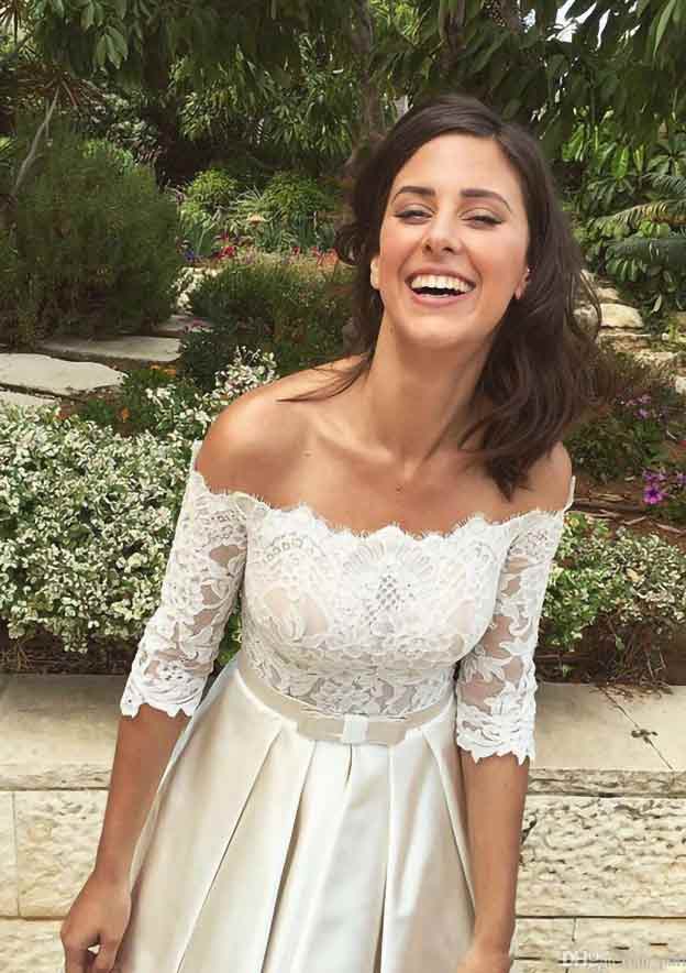 Sophisticated A-Line/Princess Off-the-Shoulder Half Sleeve Asymmetrical Satin Wedding Dress with Lace Accents BM bride