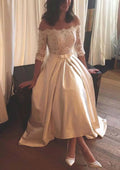 Sophisticated A-Line/Princess Off-the-Shoulder Half Sleeve Asymmetrical Satin Wedding Dress with Lace Accents BM bride