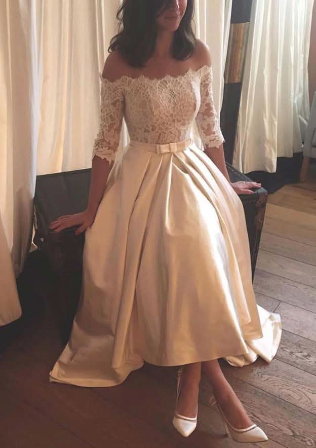 Sophisticated A-Line/Princess Off-the-Shoulder Half Sleeve Asymmetrical Satin Wedding Dress with Lace Accents BM bride
