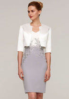 Knee-Length Chiffon Mother of the Bride Dress with Jacket Appliqued, Short Sleeve V Neck Sheath/Column BM bride