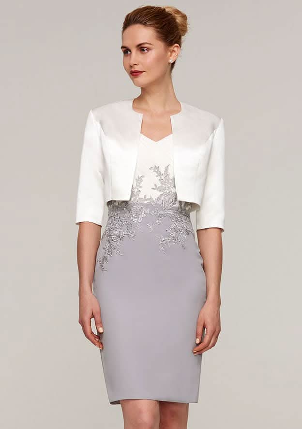 Knee-Length Chiffon Mother of the Bride Dress with Jacket Appliqued, Short Sleeve V Neck Sheath/Column BM bride