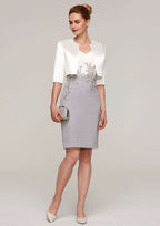 Knee-Length Chiffon Mother of the Bride Dress with Jacket Appliqued, Short Sleeve V Neck Sheath/Column BM bride