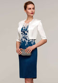 Knee-Length Satin Mother of the Bride Dress with Jacket Appliqued, Sleeveless Bateau Sheath/Column BM bride